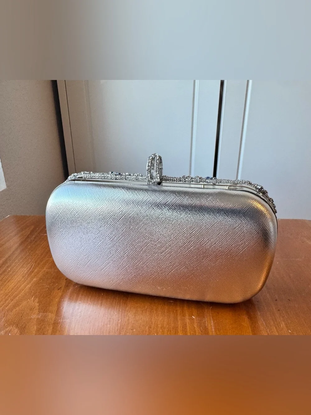 Nina - Silver Crystal Evening Clutch with Blue Gem Accents